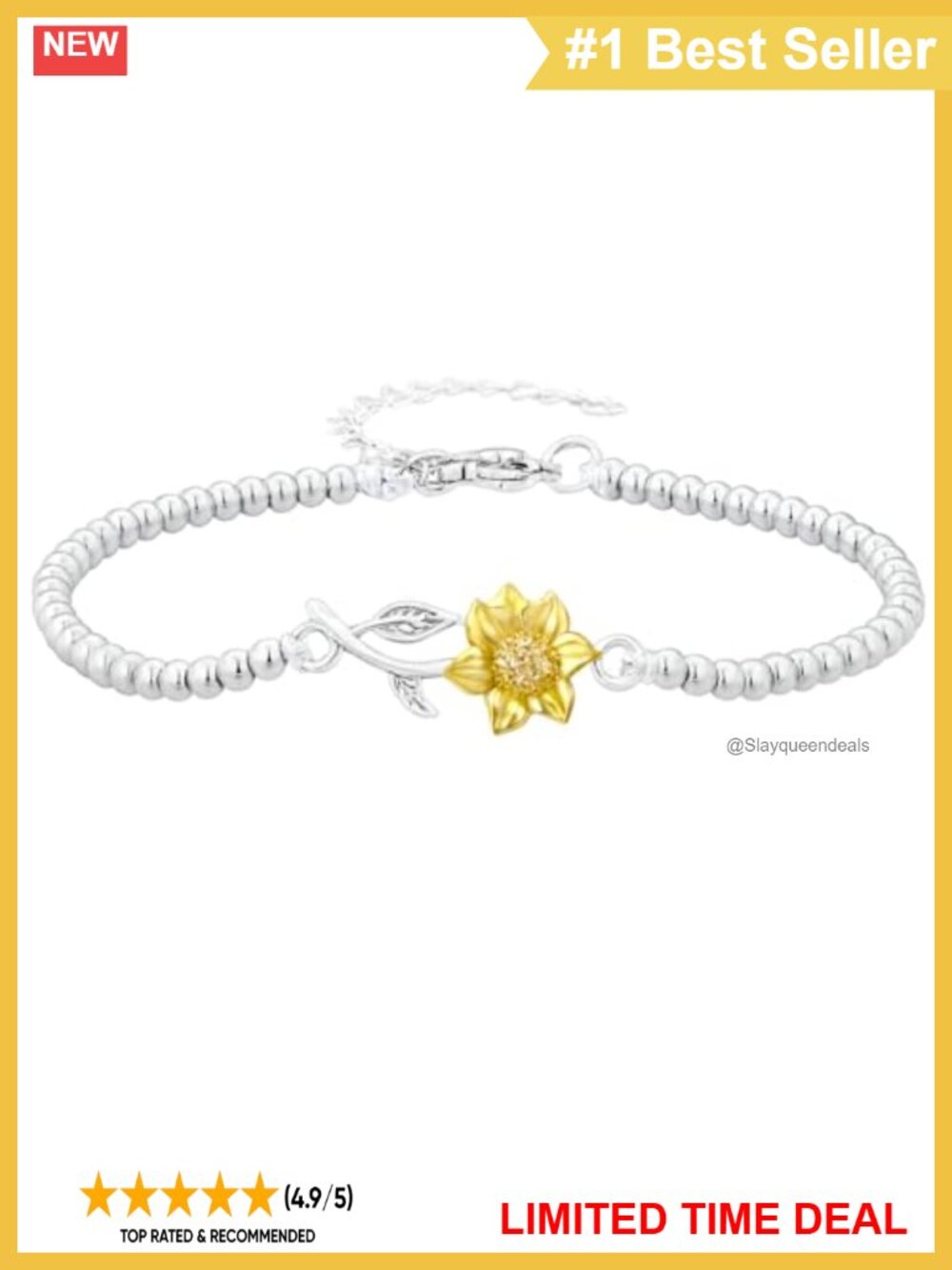 Silver Beaded Bracelet with Gold Sunflower Charm Adjustable Chain